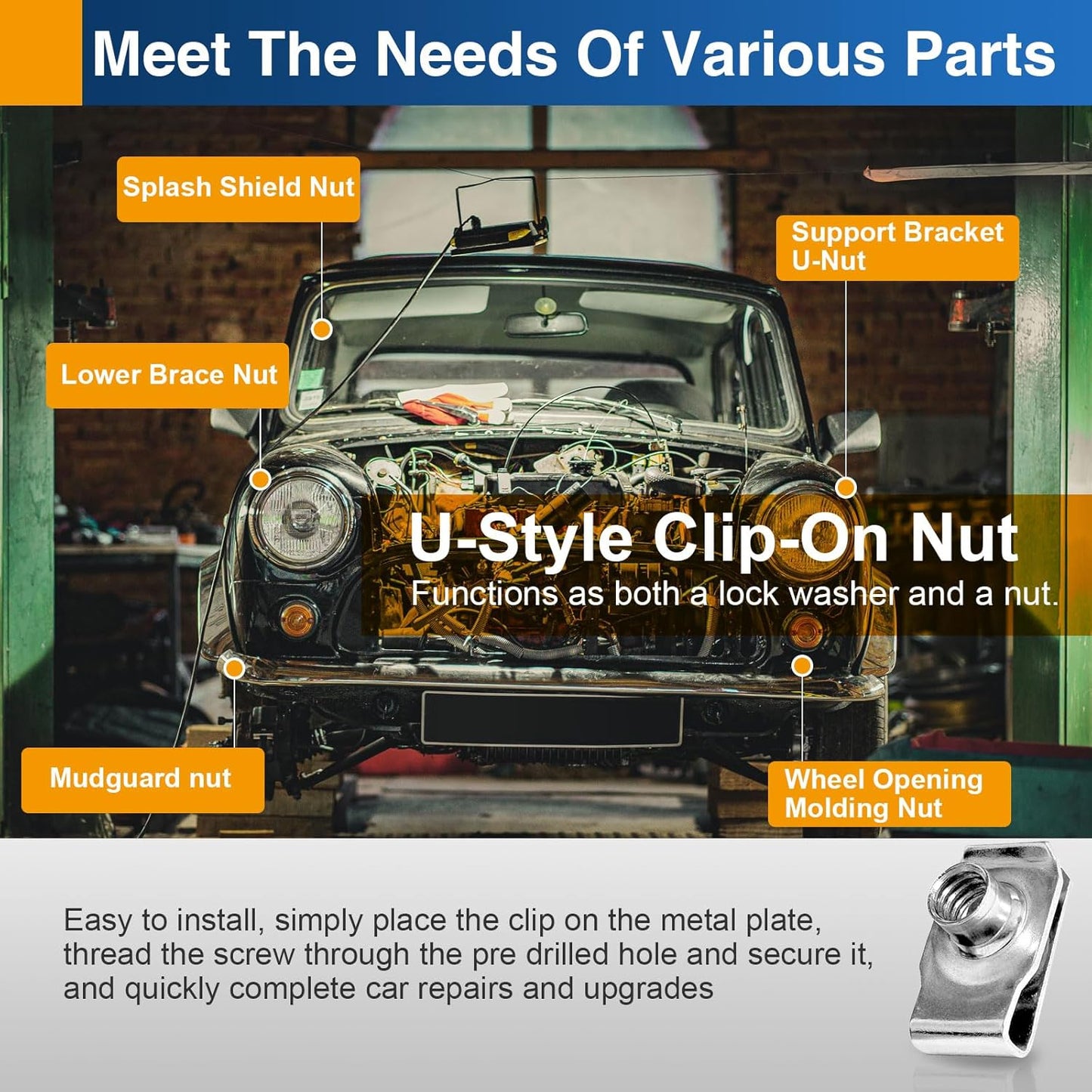 1/4"-20 U Clip Nuts, 304 Stainless Steel Extruded Clip-On U Nuts for Automotive Door Panel & Dash, 10 Pack