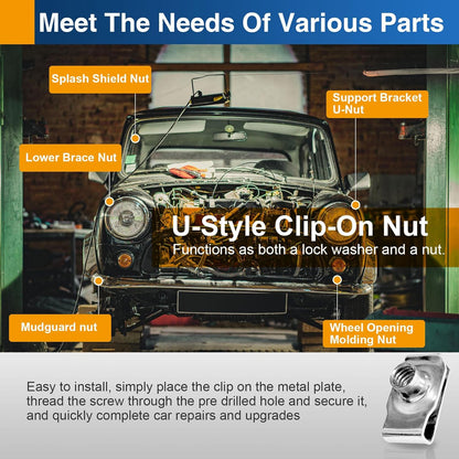 1/4"-20 U Clip Nuts, 304 Stainless Steel Extruded Clip-On U Nuts for Automotive Door Panel & Dash, 10 Pack