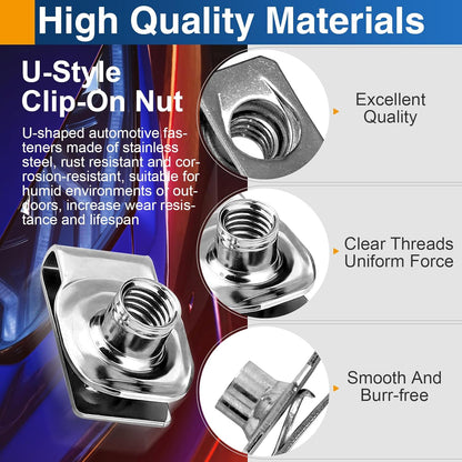 1/4"-20 U Clip Nuts, 304 Stainless Steel Extruded Clip-On U Nuts for Automotive Door Panel & Dash, 10 Pack