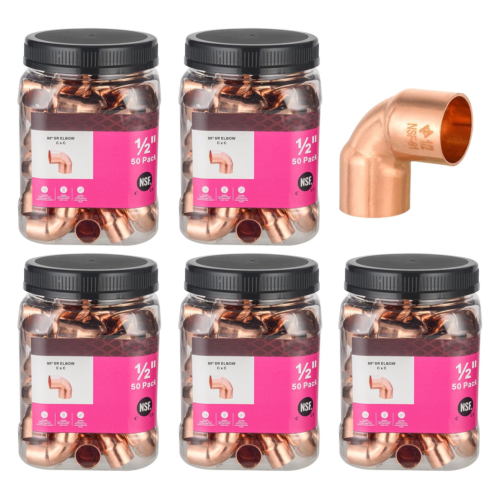(Pack of 50) Foskan 1/2" C x 1/2" C Copper 90-Degree Short Radius Elbow, Copper Plumbing Fittings with Sweat Solder Connection