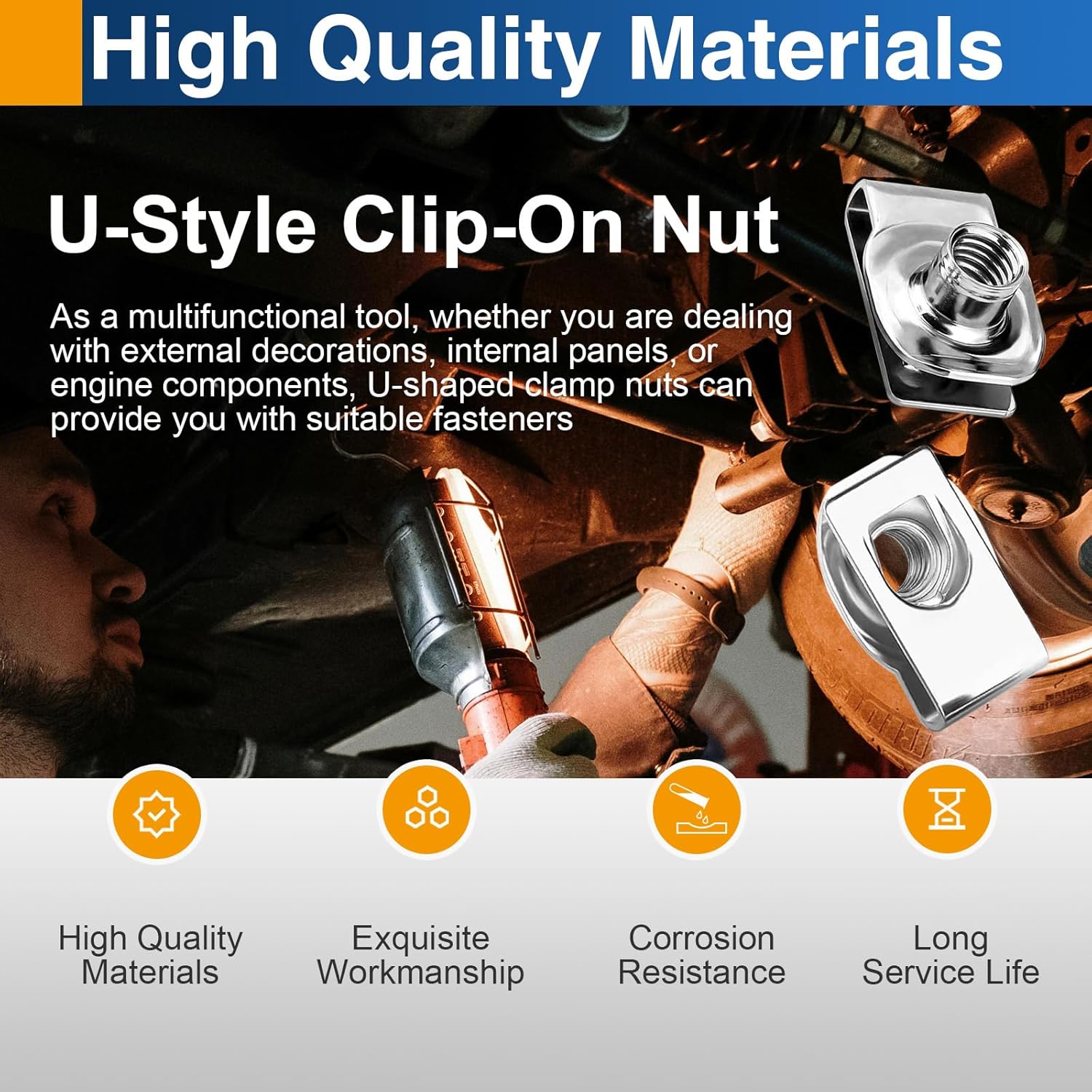 1/4"-20 U Clip Nuts, 304 Stainless Steel Extruded Clip-On U Nuts for Automotive Door Panel & Dash, 10 Pack