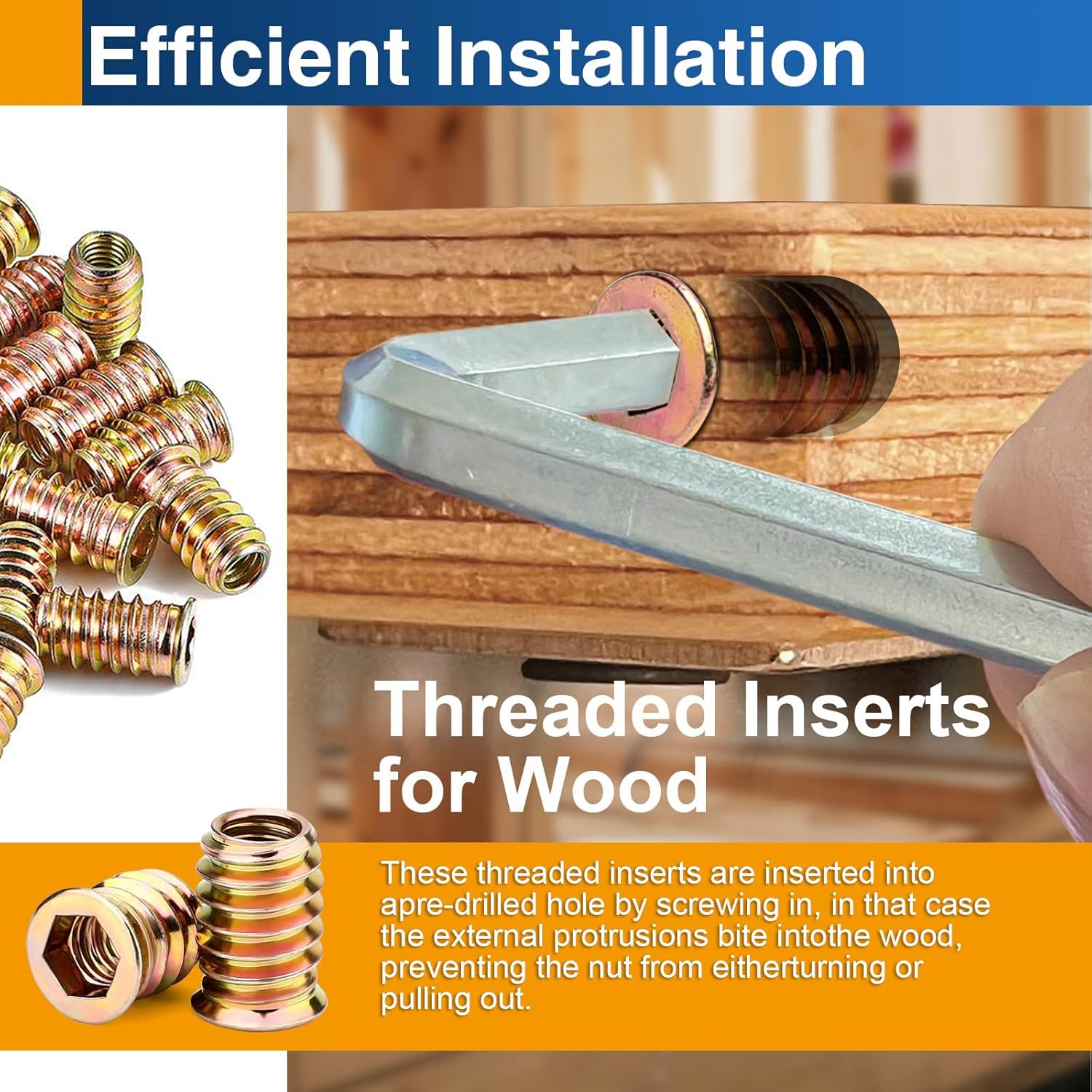 1/4"-20 x 20mm Threaded Inserts for Wood, Hex Drive Insert Nuts for Furniture Repair, 28 Pack