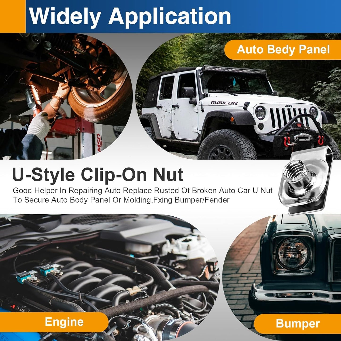 1/4"-20 U Clip Nuts, 304 Stainless Steel Extruded Clip-On U Nuts for Automotive Door Panel & Dash, 10 Pack